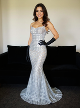 Charming Silver Mermaid Strapless Beaded Sleeveless Floor-Length Tulle Prom Dresses With Rhinestones